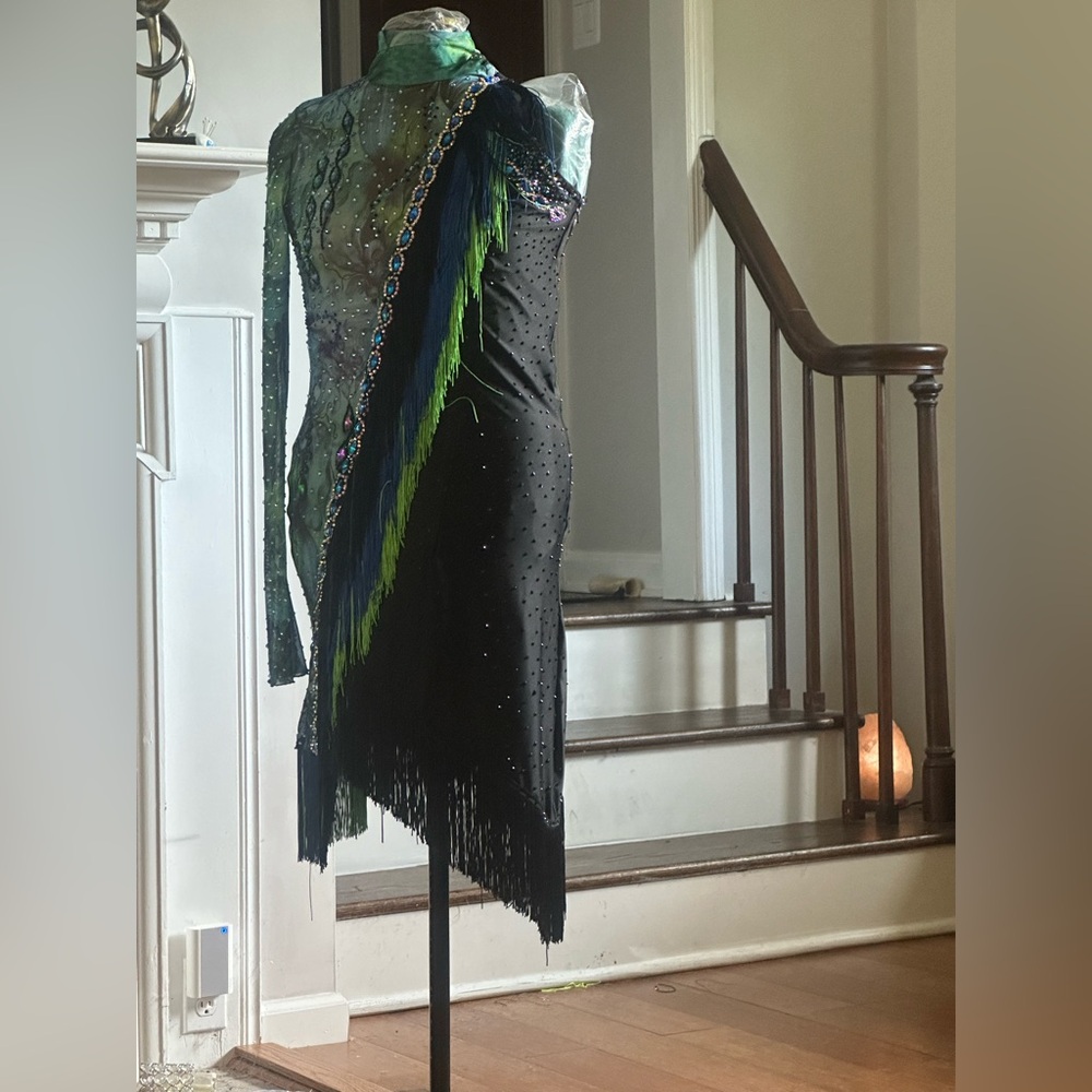 Ballroom competition Rhythm dress adorned with rhinestones and fringe